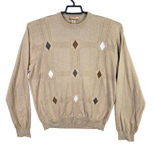 Mens Bobby Chan Tan Silk Blend Pullover Sweater Long Sleeve Diamond Front XXL